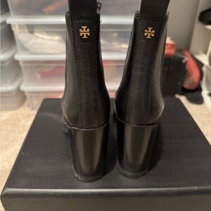 Tory Burch Black Heeled Boots with Gold Logo